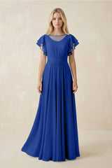 Cap Sleeve Ruffled A - Line Chiffon Bridesmaid Dress in Royal Blue - KISS BRIDAL Bridesmaid Dresses
