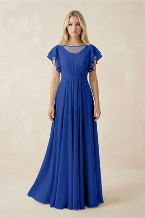 Cap Sleeve Ruffled A - Line Chiffon Bridesmaid Dress in Royal Blue - KISS BRIDAL Bridesmaid Dresses