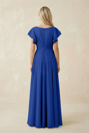 Cap Sleeve Ruffled A - Line Chiffon Bridesmaid Dress in Royal Blue - KISS BRIDAL Bridesmaid Dresses