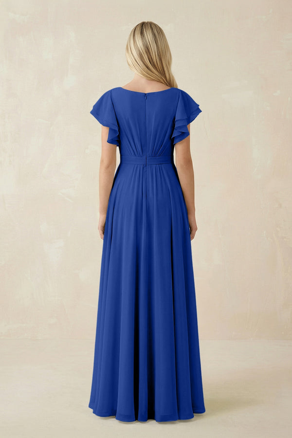 Cap Sleeve Ruffled A - Line Chiffon Bridesmaid Dress in Royal Blue - KISS BRIDAL Bridesmaid Dresses