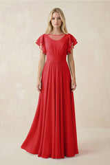 Cap Sleeve Ruffled A - Line Chiffon Bridesmaid Dress in Ruby Red - KISS BRIDAL Bridesmaid Dresses