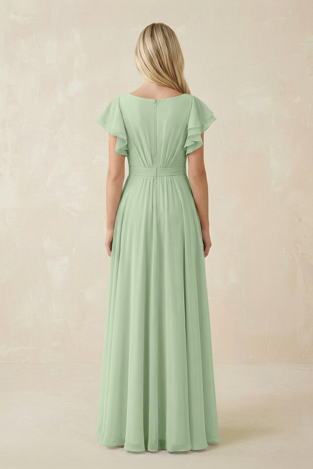 Cap Sleeve Ruffled A - Line Chiffon Bridesmaid Dress in Sage - SHE IS ME Bridesmaid Dresses