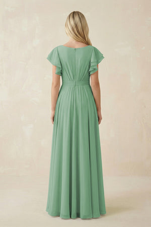Cap Sleeve Ruffled A - Line Chiffon Bridesmaid Dress in Sea Glass - SHE IS ME Bridesmaid Dresses