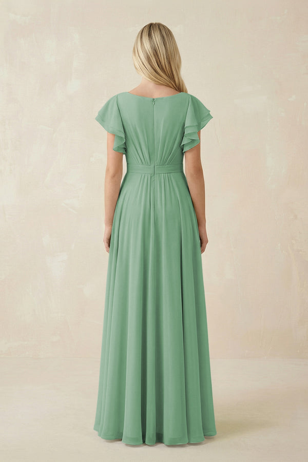 Cap Sleeve Ruffled A - Line Chiffon Bridesmaid Dress in Sea Glass - SHE IS ME Bridesmaid Dresses
