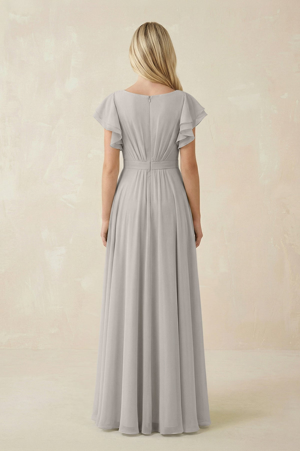 Cap Sleeve Ruffled A - Line Chiffon Bridesmaid Dress in Silver - KISS BRIDAL Bridesmaid Dresses