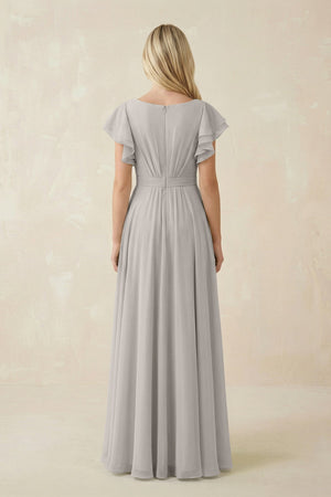 Cap Sleeve Ruffled A - Line Chiffon Bridesmaid Dress in Silver - KISS BRIDAL Bridesmaid Dresses