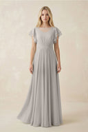 Cap Sleeve Ruffled A - Line Chiffon Bridesmaid Dress in Silver - KISS BRIDAL Bridesmaid Dresses