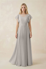 Cap Sleeve Ruffled A - Line Chiffon Bridesmaid Dress in Silver - KISS BRIDAL Bridesmaid Dresses