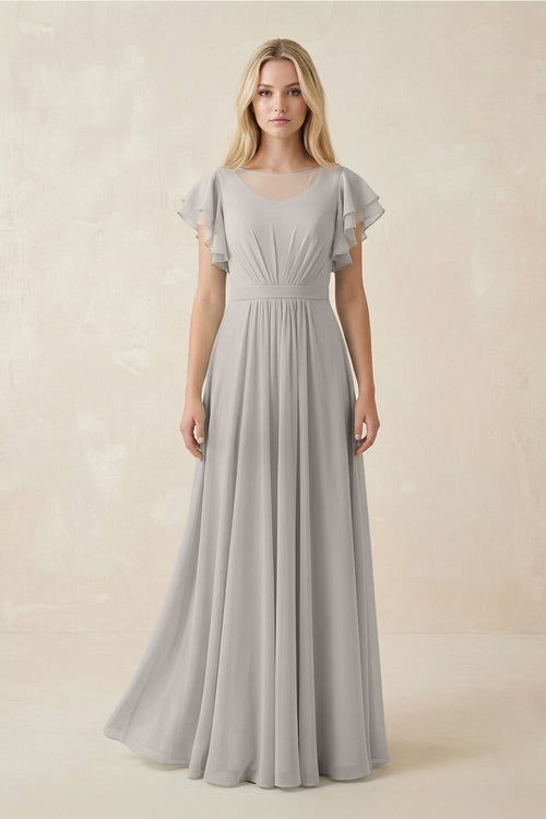 Cap Sleeve Ruffled A - Line Chiffon Bridesmaid Dress in Silver - KISS BRIDAL Bridesmaid Dresses