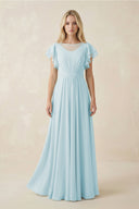 Cap Sleeve Ruffled A - Line Chiffon Bridesmaid Dress in Sky Blue - KISS BRIDAL Bridesmaid Dresses