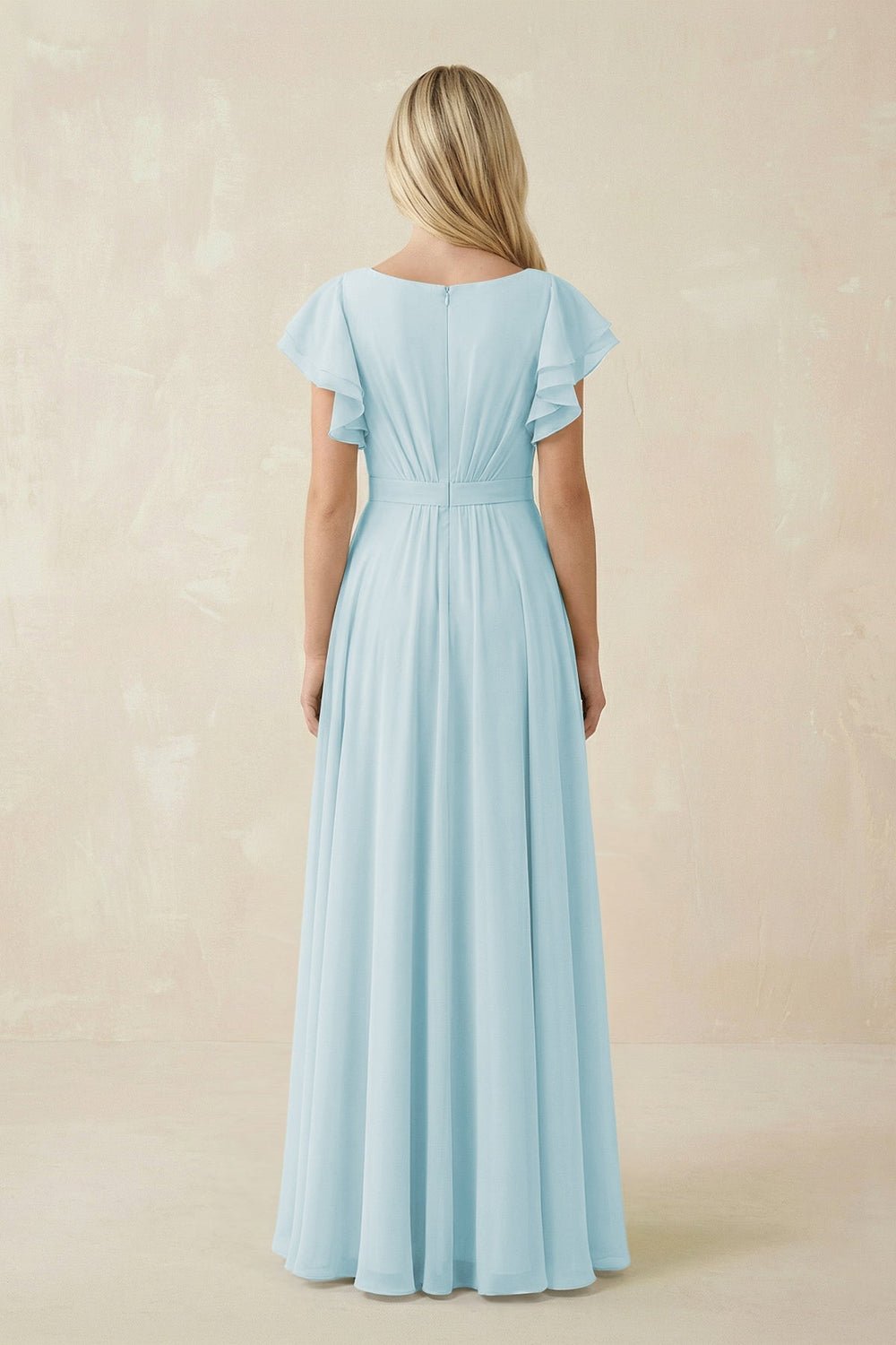 Cap Sleeve Ruffled A - Line Chiffon Bridesmaid Dress in Sky Blue - KISS BRIDAL Bridesmaid Dresses