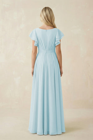 Cap Sleeve Ruffled A - Line Chiffon Bridesmaid Dress in Sky Blue - KISS BRIDAL Bridesmaid Dresses