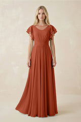 Cap Sleeve Ruffled A - Line Chiffon Bridesmaid Dress in Spice - KISS BRIDAL Bridesmaid Dresses