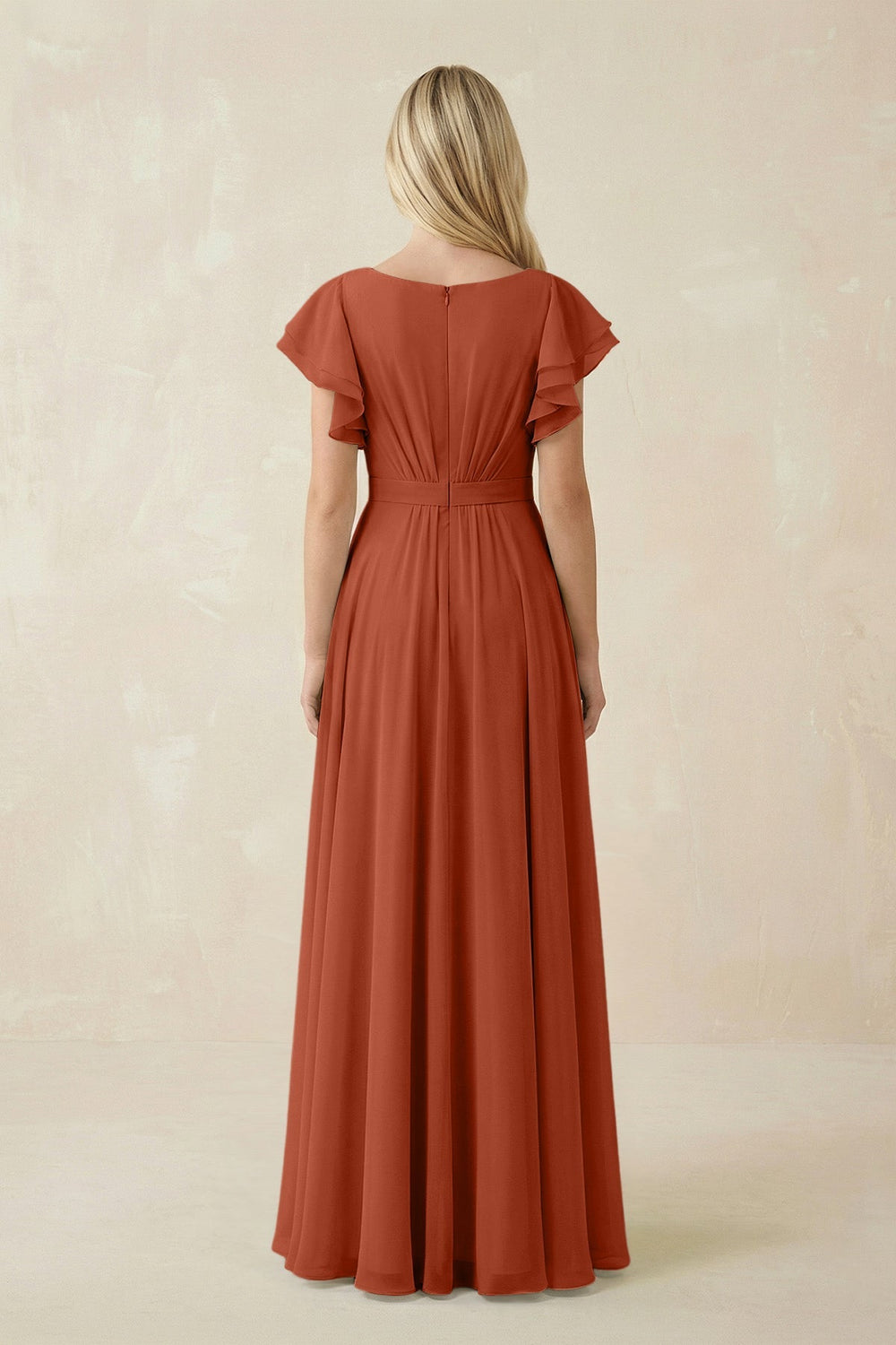 Cap Sleeve Ruffled A - Line Chiffon Bridesmaid Dress in Spice - KISS BRIDAL Bridesmaid Dresses