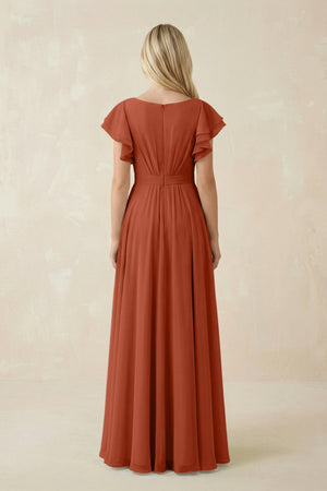 Cap Sleeve Ruffled A - Line Chiffon Bridesmaid Dress in Spice - KISS BRIDAL Bridesmaid Dresses