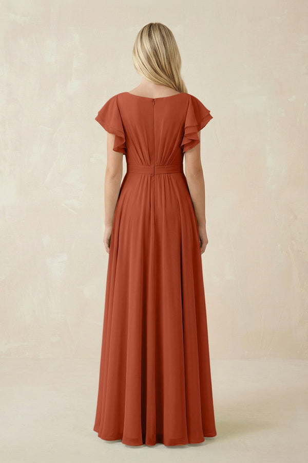 Cap Sleeve Ruffled A - Line Chiffon Bridesmaid Dress in Spice - KISS BRIDAL Bridesmaid Dresses
