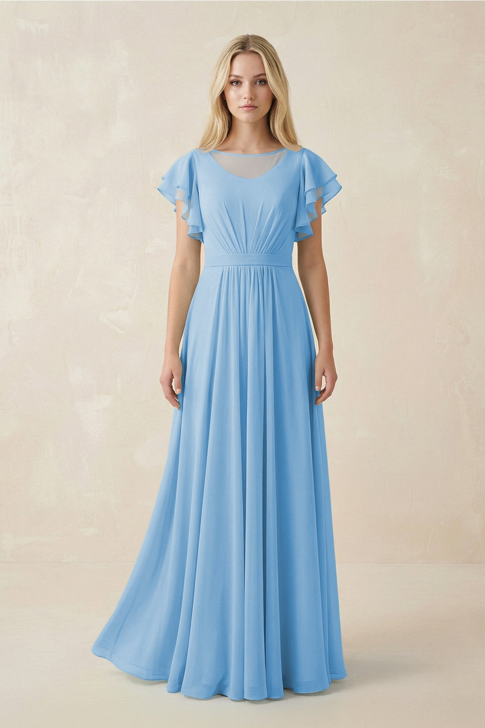 Cap Sleeve Ruffled A - Line Chiffon Bridesmaid Dress in Steel Blue - KISS BRIDAL Bridesmaid Dresses