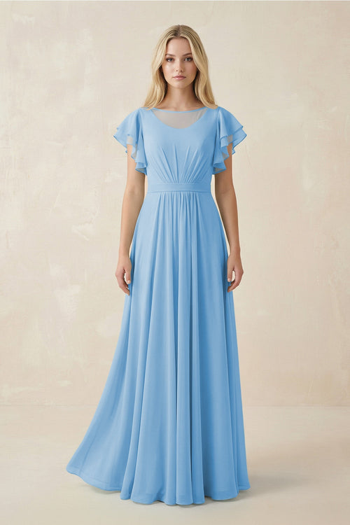 Cap Sleeve Ruffled A - Line Chiffon Bridesmaid Dress in Steel Blue - KISS BRIDAL Bridesmaid Dresses