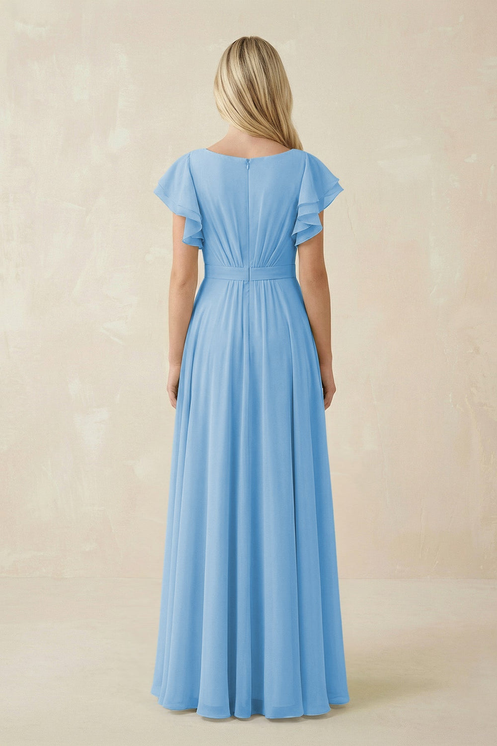 Cap Sleeve Ruffled A - Line Chiffon Bridesmaid Dress in Steel Blue - KISS BRIDAL Bridesmaid Dresses