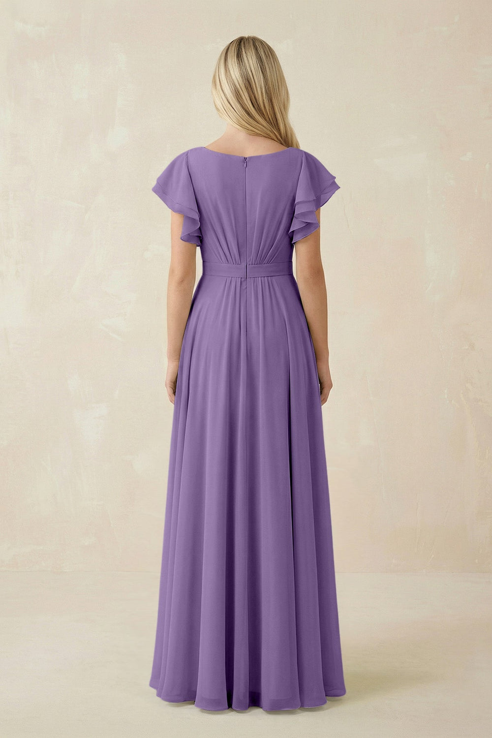 Cap Sleeve Ruffled A - Line Chiffon Bridesmaid Dress in Tahiti - KISS BRIDAL Bridesmaid Dresses