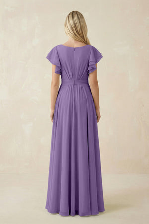 Cap Sleeve Ruffled A - Line Chiffon Bridesmaid Dress in Tahiti - KISS BRIDAL Bridesmaid Dresses
