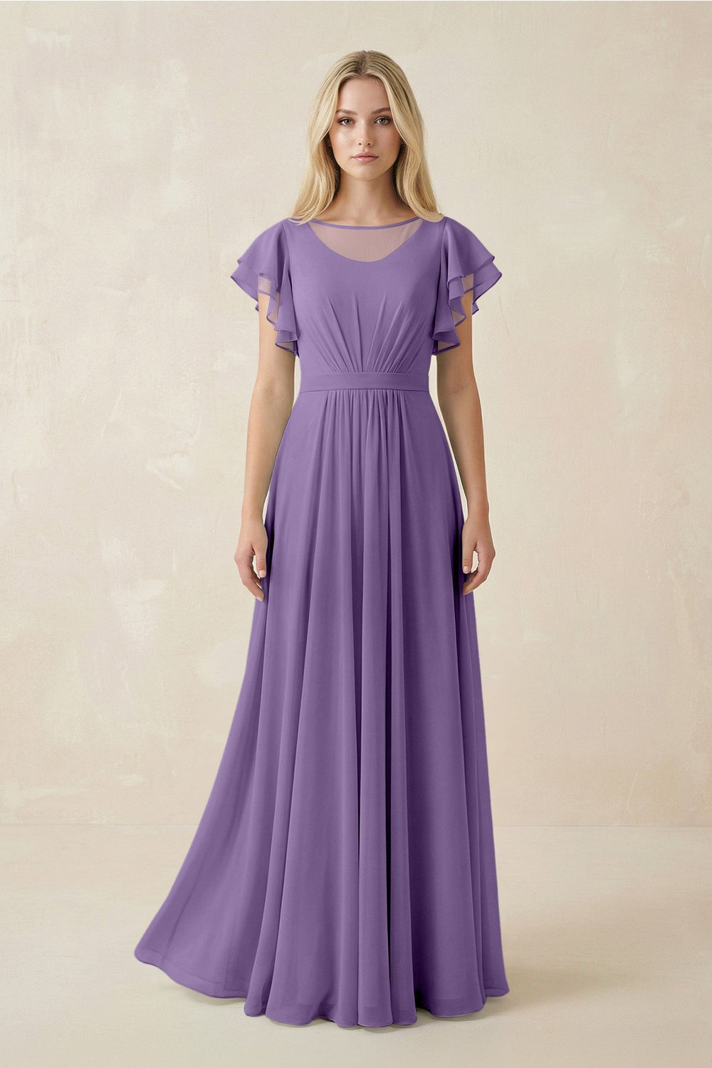 Cap Sleeve Ruffled A - Line Chiffon Bridesmaid Dress in Tahiti - KISS BRIDAL Bridesmaid Dresses