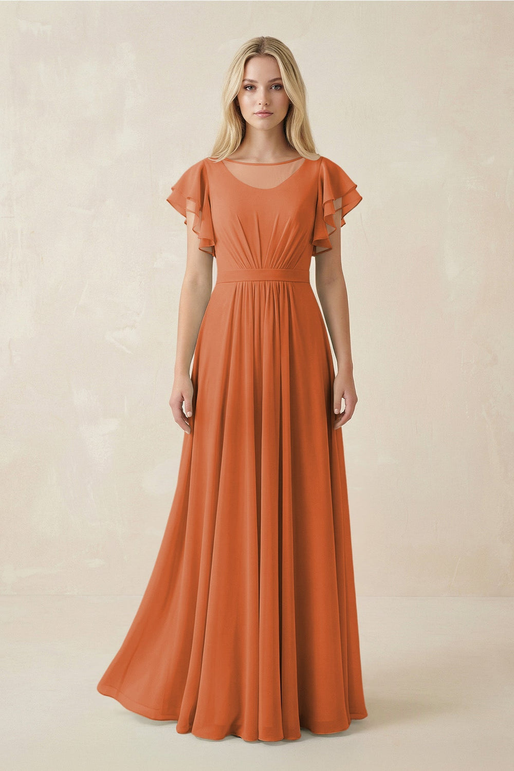 Cap Sleeve Ruffled A - Line Chiffon Bridesmaid Dress in Terracotta - KISS BRIDAL Bridesmaid Dresses