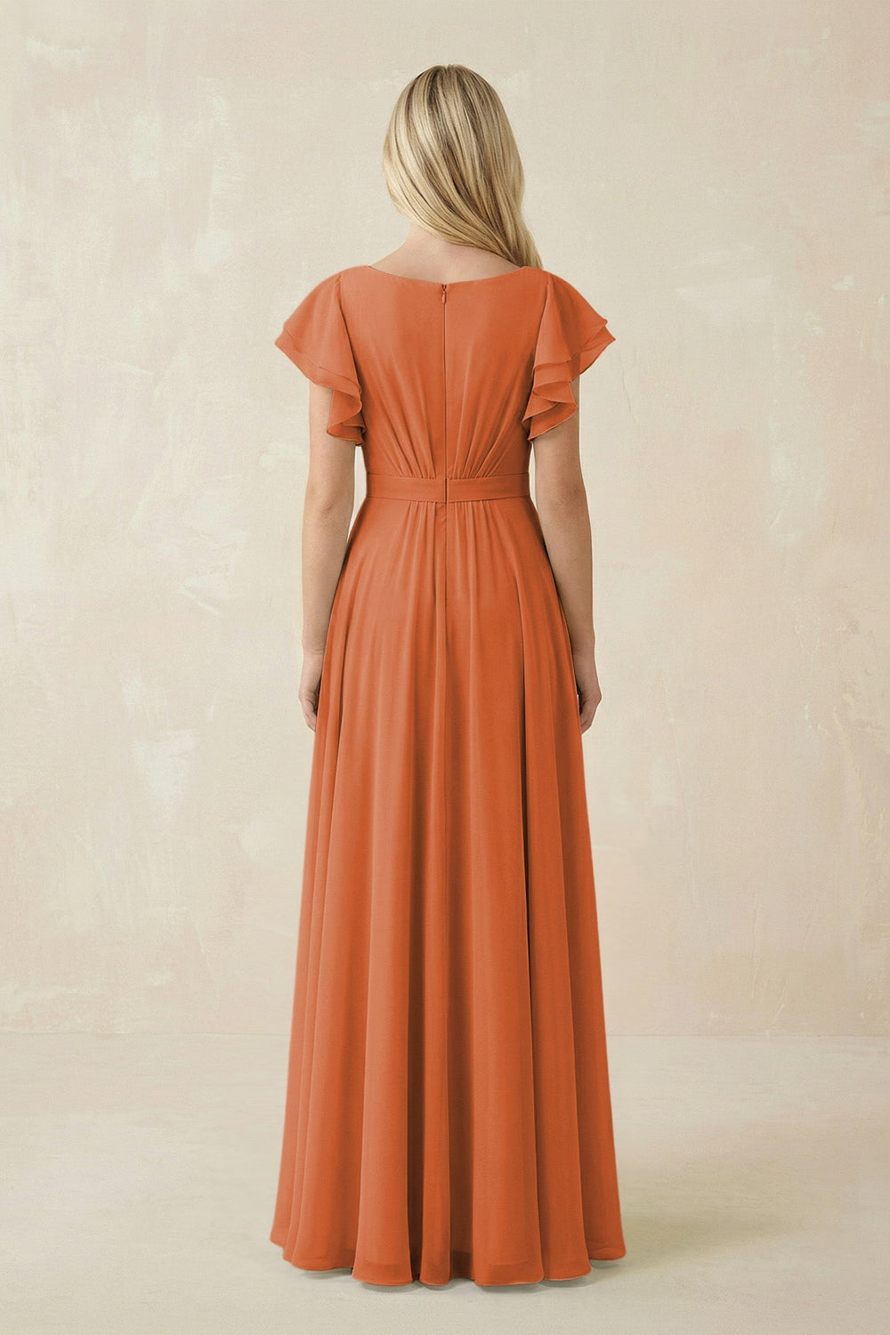 Cap Sleeve Ruffled A - Line Chiffon Bridesmaid Dress in Terracotta - KISS BRIDAL Bridesmaid Dresses