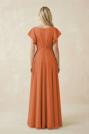 Cap Sleeve Ruffled A - Line Chiffon Bridesmaid Dress in Terracotta - KISS BRIDAL Bridesmaid Dresses
