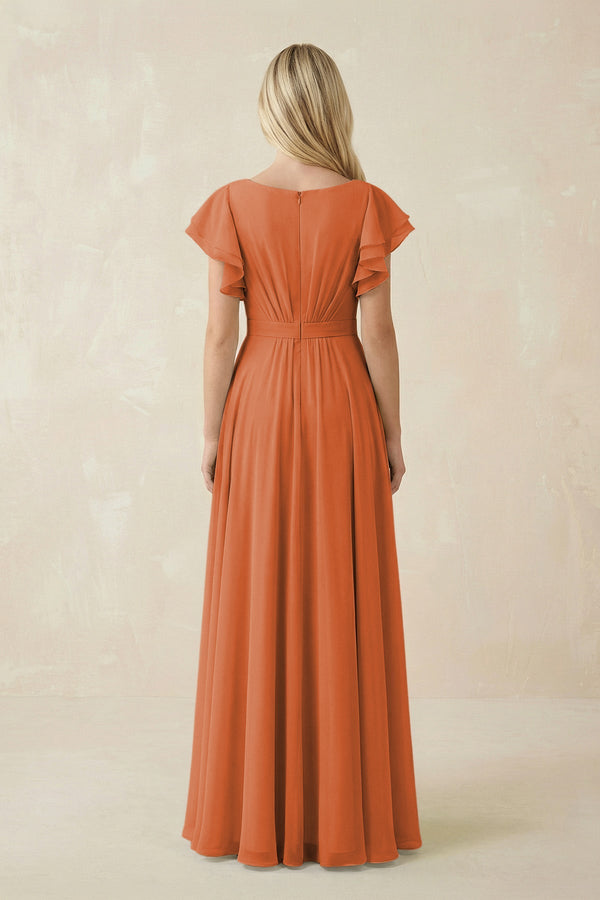 Cap Sleeve Ruffled A - Line Chiffon Bridesmaid Dress in Terracotta - KISS BRIDAL Bridesmaid Dresses