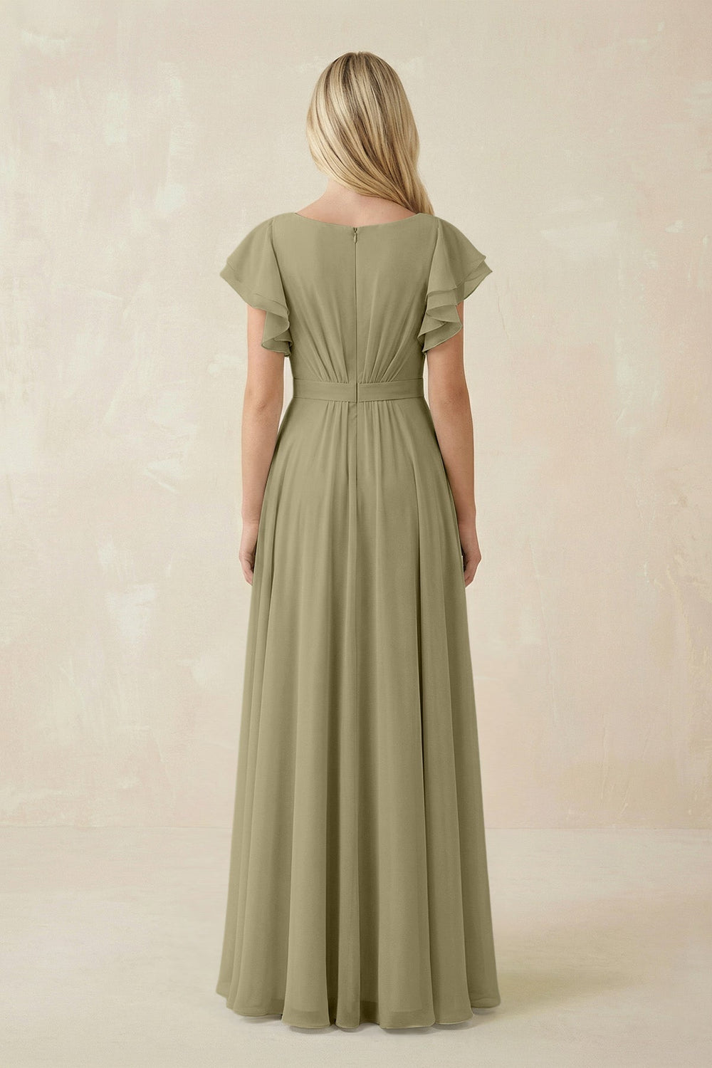 Cap Sleeve Ruffled A - Line Chiffon Bridesmaid Dress in Thyme - SHE IS ME Bridesmaid Dresses