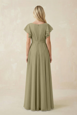Cap Sleeve Ruffled A - Line Chiffon Bridesmaid Dress in Thyme - SHE IS ME Bridesmaid Dresses