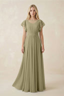 Cap Sleeve Ruffled A - Line Chiffon Bridesmaid Dress in Thyme - SHE IS ME Bridesmaid Dresses