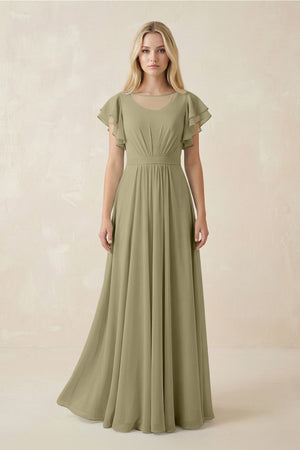 Cap Sleeve Ruffled A - Line Chiffon Bridesmaid Dress in Thyme - SHE IS ME Bridesmaid Dresses
