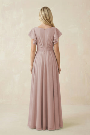 Cap Sleeve Ruffled A-Line Chiffon Bridesmaid Dress in Toffee (2) | KISSBRIDAL