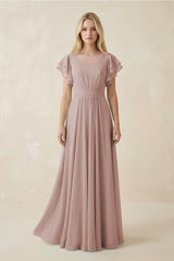 Cap Sleeve Ruffled A-Line Chiffon Bridesmaid Dress in Toffee | KISSBRIDAL
