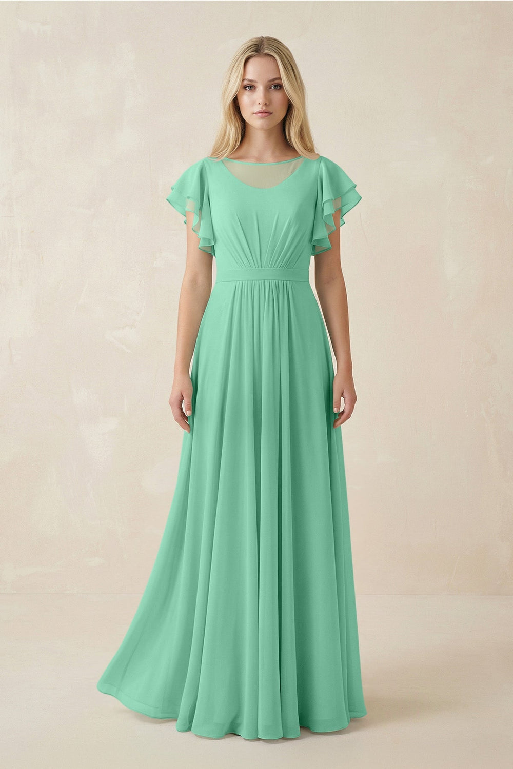 Cap Sleeve Ruffled A - Line Chiffon Bridesmaid Dress in Turquoise - KISS BRIDAL Bridesmaid Dresses