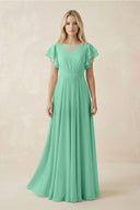 Cap Sleeve Ruffled A - Line Chiffon Bridesmaid Dress in Turquoise - KISS BRIDAL Bridesmaid Dresses