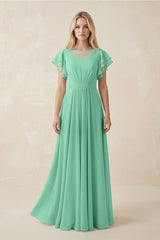 Cap Sleeve Ruffled A - Line Chiffon Bridesmaid Dress in Turquoise - KISS BRIDAL Bridesmaid Dresses