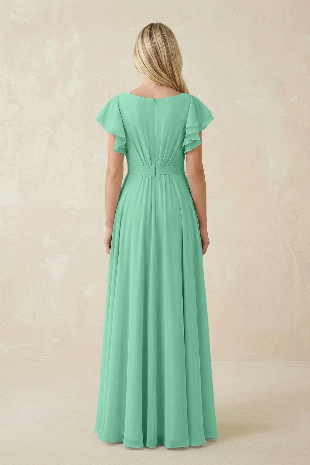 Cap Sleeve Ruffled A - Line Chiffon Bridesmaid Dress in Turquoise - KISS BRIDAL Bridesmaid Dresses