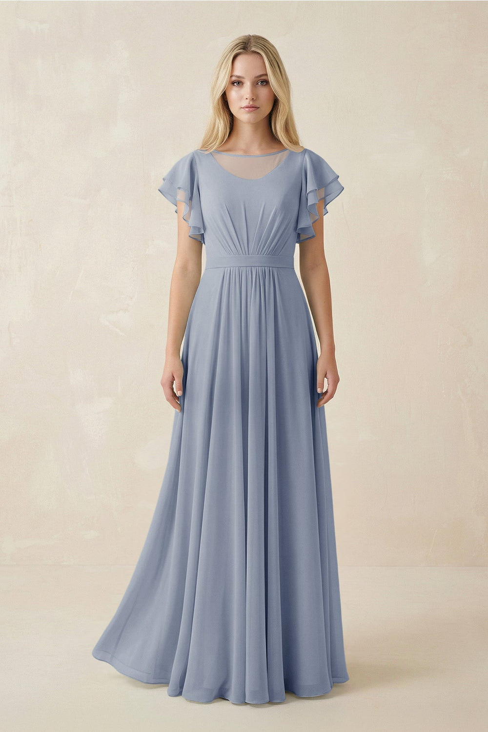 Cap Sleeve Ruffled A - Line Chiffon Bridesmaid Dress in Twilight - KISS BRIDAL Bridesmaid Dresses