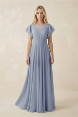 Cap Sleeve Ruffled A - Line Chiffon Bridesmaid Dress in Twilight - KISS BRIDAL Bridesmaid Dresses