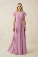 Cap Sleeve Ruffled A - Line Chiffon Bridesmaid Dress in Vintage Mauve - KISS BRIDAL Bridesmaid Dresses