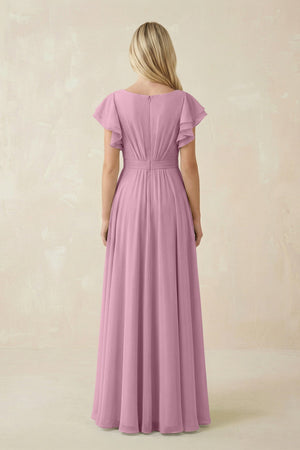 Cap Sleeve Ruffled A - Line Chiffon Bridesmaid Dress in Vintage Mauve - KISS BRIDAL Bridesmaid Dresses