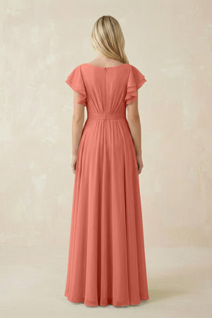 Cap Sleeve Ruffled A - Line Chiffon Bridesmaid Dress in Wild Rose - KISS BRIDAL Bridesmaid Dresses