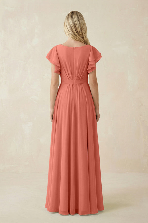Cap Sleeve Ruffled A - Line Chiffon Bridesmaid Dress in Wild Rose - KISS BRIDAL Bridesmaid Dresses
