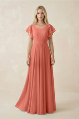 Cap Sleeve Ruffled A - Line Chiffon Bridesmaid Dress in Wild Rose - KISS BRIDAL Bridesmaid Dresses
