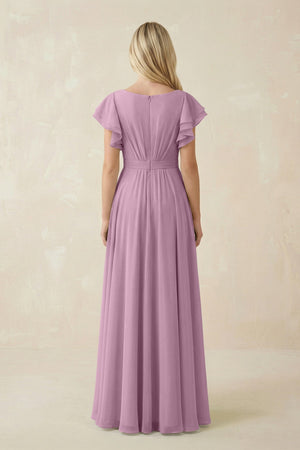 Cap Sleeve Ruffled A - Line Chiffon Bridesmaid Dress in Wisteria - KISS BRIDAL Bridesmaid Dresses