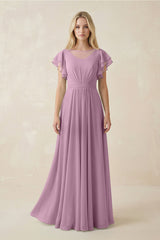 Cap Sleeve Ruffled A - Line Chiffon Bridesmaid Dress in Wisteria - KISS BRIDAL Bridesmaid Dresses