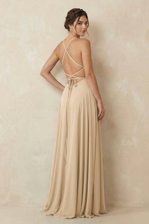 Champagne A-Line Chiffon Bridesmaid Dress With Slit (2) | KISSBRIDAL